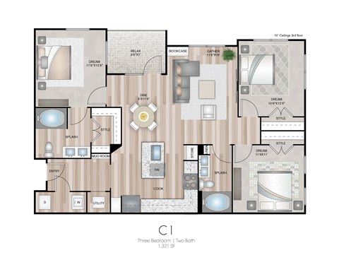 Floor plan for 3 beds, 2 baths, 1321 sqft